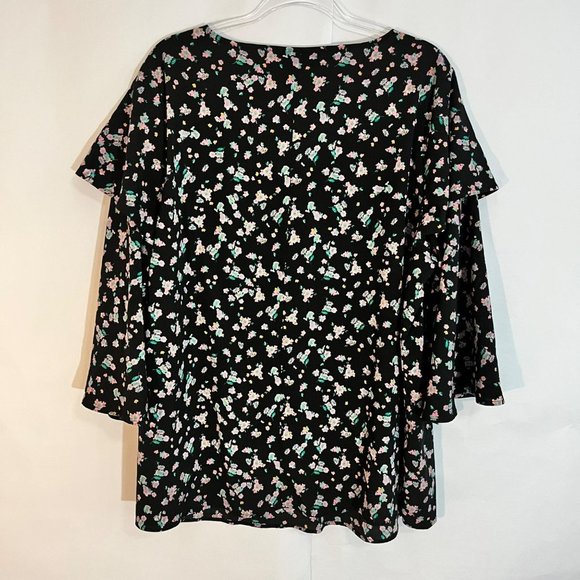 LANE BRYANT BLOUSE 18/20 BLACK FLORAL PRINT TIERED RUFFLE SLEEVE V NECK PINK GRE - Picture 3 of 10